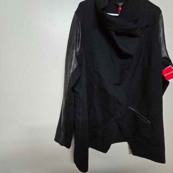 Spanx Faux Leather Drape Front Jacket Very Black Edgy Motorcycle Gothic Coat 2X - Picture 7 of 12